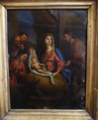 Maler des 17./18.Jh., Öl/Kupfer um 1700, Krippenszene mit der Hl. Familie, 21,5cm x 16,5cm, i.R.