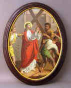 Nazarener Maler, 19.Jh., Kreuzwegstation, Jesus sein Kreuz tragend, Öl/Lw. doubliert, rest., im