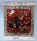 Kleiner Seidenteppich, Indien Kashmir, Jagdszene, 50.000 Knoten, 42cm x 38cm