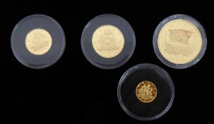 4 Goldmünzen Gibraltar, 1996, 15 / 35 / 70 und 140 ECU, jeweils in Kapsel im Holzetui, Feingold 26,