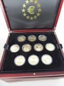 Sammlung Euro Erstabschläge zu den Euroländern, 58 Medaillen mit Feingold Veredelung, Feinsilber a'