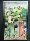 Miniatur, Indien um 1900, Gouache auf Elfenbein, stehendes Paar an Flusslandschaft, im Hintergrund