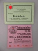 2 Eintrittskarten, sog. 3.Reich, Schauturnen Gau Moselland 1941, Reichsparteitag Nürnberg 1936, gute