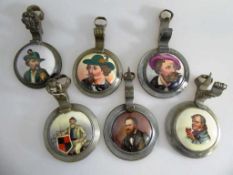 6 Bierkrug Zinndeckel mit Porzellaneinlage, Männerportraits, um 1900