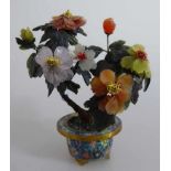 Feng Shui - Jadebaum in Cloisonne Schale, Blüter und Blätter aus Jade, Achat und Quarz, h. 18cm