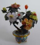 Feng Shui - Jadebaum in Cloisonne Schale, Blüter und Blätter aus Jade, Achat und Quarz, h. 18cm