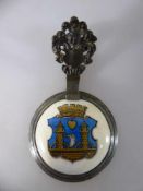 Bierkrug Zinndeckel m. Porzellaneinlage, Stadtwappen mit zwei Türmen / Herz und Krone, um 1900