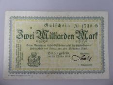 Gutschein über 2 Milliarden Mark, Stadt Heidingsfeld, 1923, selten!