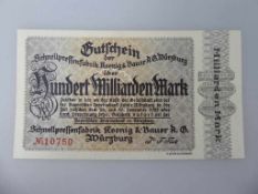 Banknote 100 Milliarden Mark, Schnellpressenfabrik Koenig & Bauer Würzburg, 1923