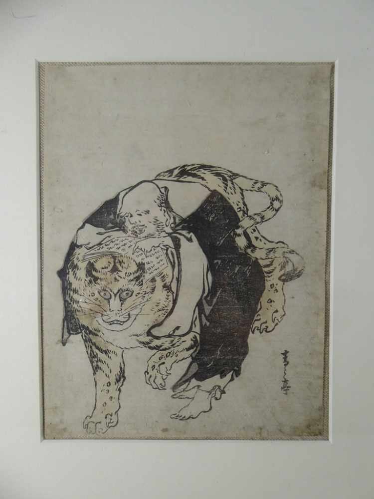 Holzschnitt, China um 1900, Gelehrter mit Tiger, i.R. 40cm x 30cm