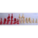 Schachfiguren, Bein geschnitzt, die Hälfte rot gefärbt, komplett, 1.H.20.Jh., h. bis 8cm, 2 Springer