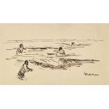 Max Liebermann Badende im Meer von Schevenigen. Signierte Orig.-Tuschfederzeichnung. [Um 1897].