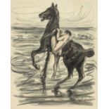 Max Liebermann Nackter Reiter am Strand. Aquarellierte und signierte Orig.-Lithographie. 1907.