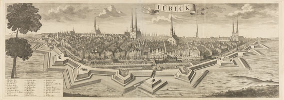 Jeremias Wolff Lübeck. Kupferstich bei Jeremias Wolff, Augsburg um 1700. 37,5 : 107 cm. Prächtige