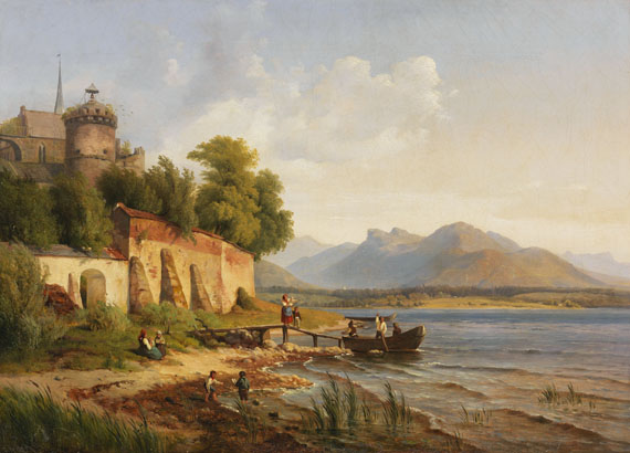 Louis Gurlitt 1812 Altona - 1897 Nauendorf Oberitalienische Küstenlandschaft mit Figurenstaffage.