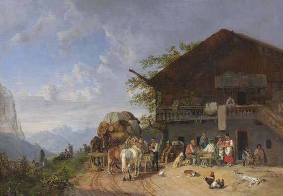 Heinrich Bürkel 1802 Pirmasens - 1869 München Rast vor einem Gasthof in den Bergen. Um 1846/1857. Öl