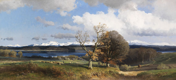 Josef Wenglein 1845 München - 1919 Bad Tölz Blick auf den Simssee im Frühling. Wohl um 1880. Öl