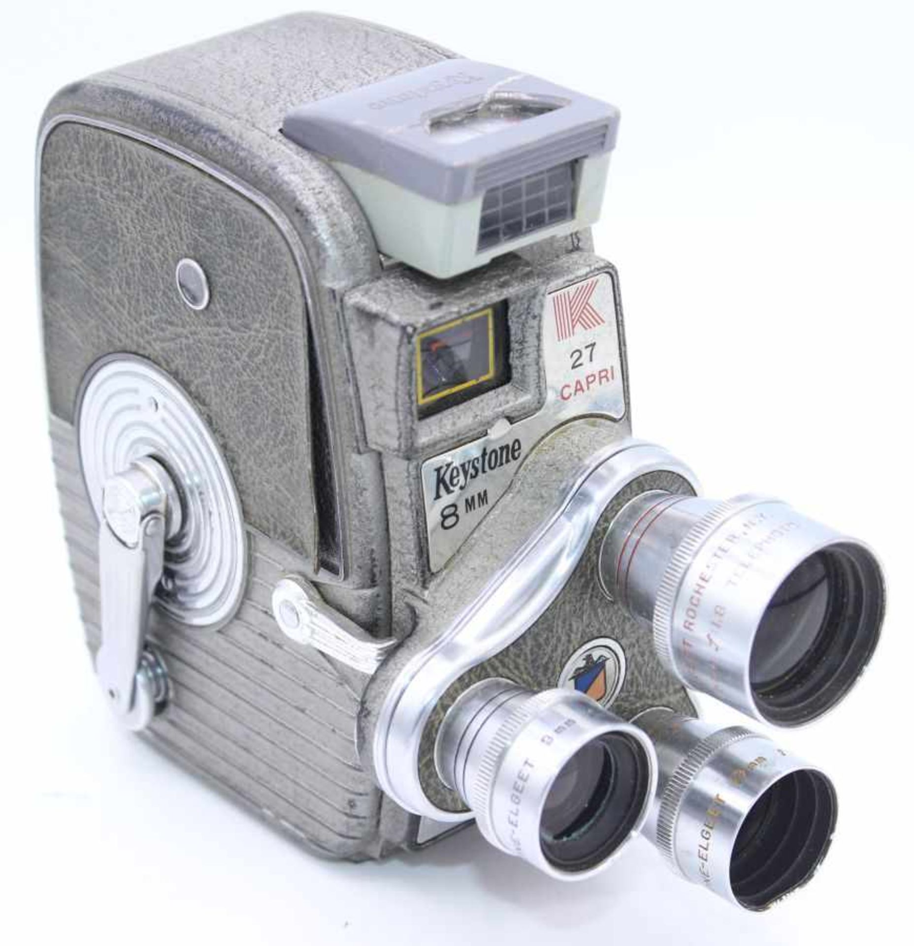 Alte Filmkamera mit Revolverobjektiv Marke Keystone 8MM, K 27 Capri, Metallgehäuse, Höhe ca. 12,5