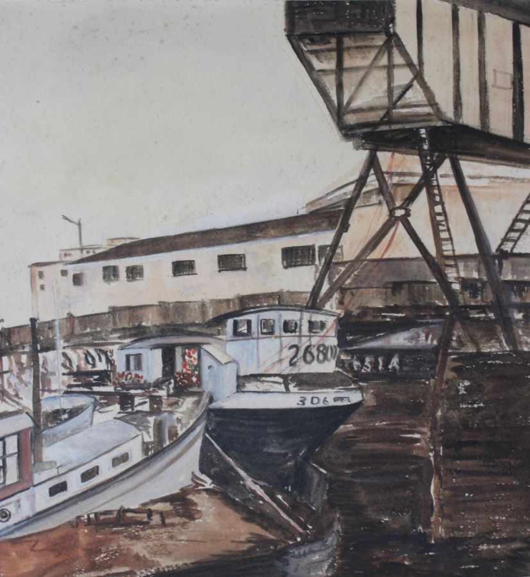 Aquarell - um 1950 "Regensburger Hafen", unsigniert, lasierende Farben auf Papier, Maße ca. 46x42