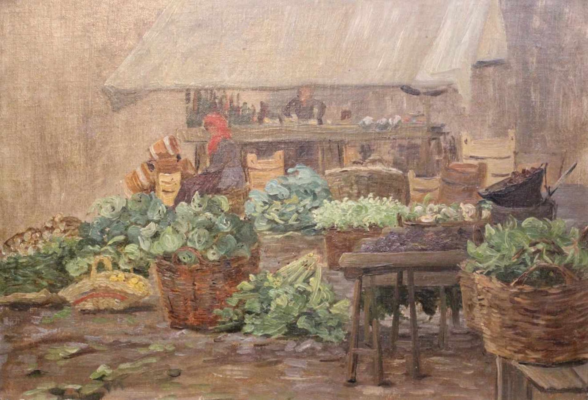 Gemälde - deutsch 1.Hälfte 20.Jahrhundert "Gemüsemarkt", unsigniert, Öl auf Leinwand / Platte,
