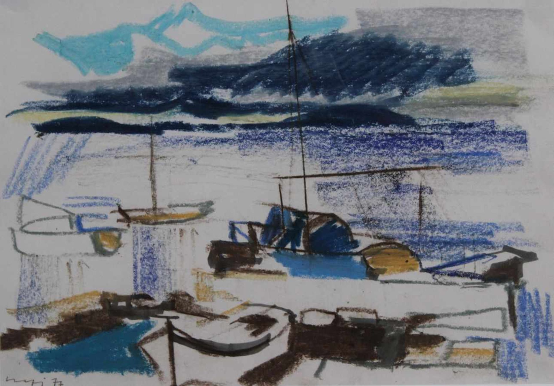 Zeichnung - Willi Ulfig (1910 Breslau - 1983 Regensburg) "Seeufer mit Segelbooten", l.u. signiert
