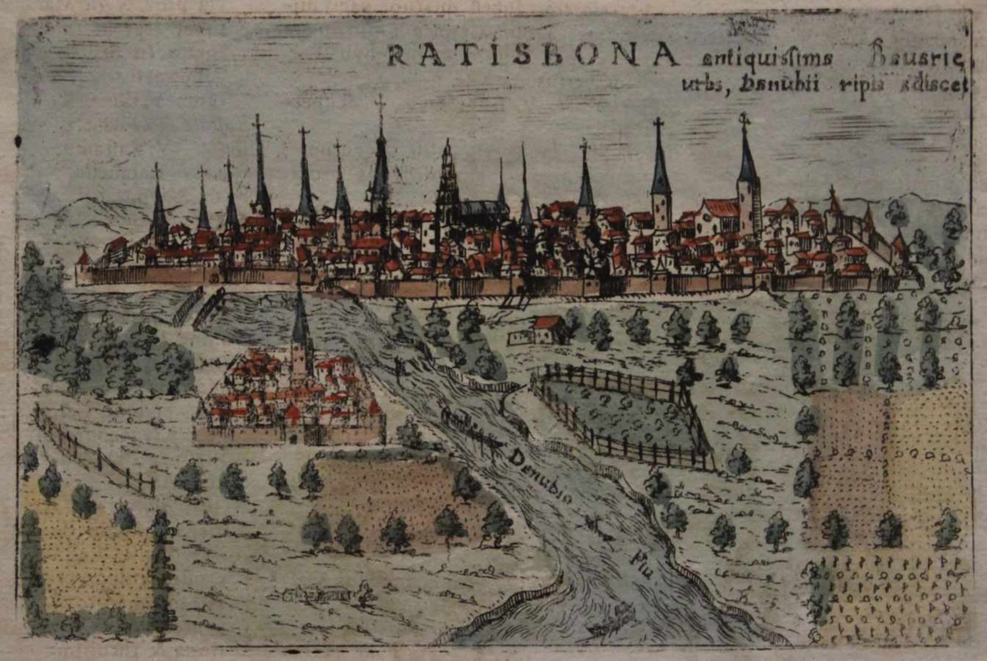 Radierung - Francesco Valegio (Venedig 1560) "Stadtansicht Straubing fälschlicherweise mit Ratisbona