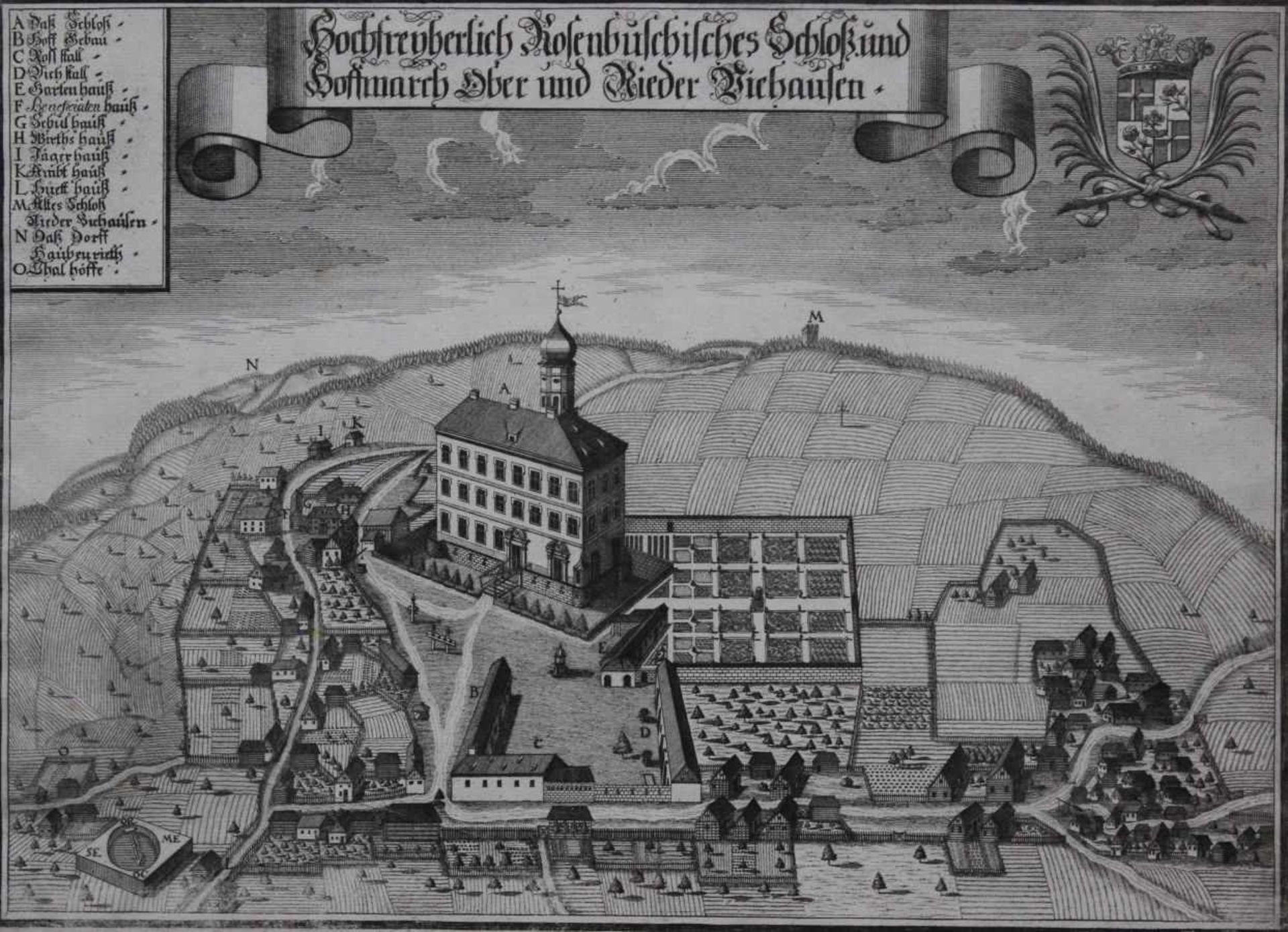 Kupferstich - Michael Wening (1645 Nürnberg - 1718 München) "Schloß Viehhausen bei Sinzing",