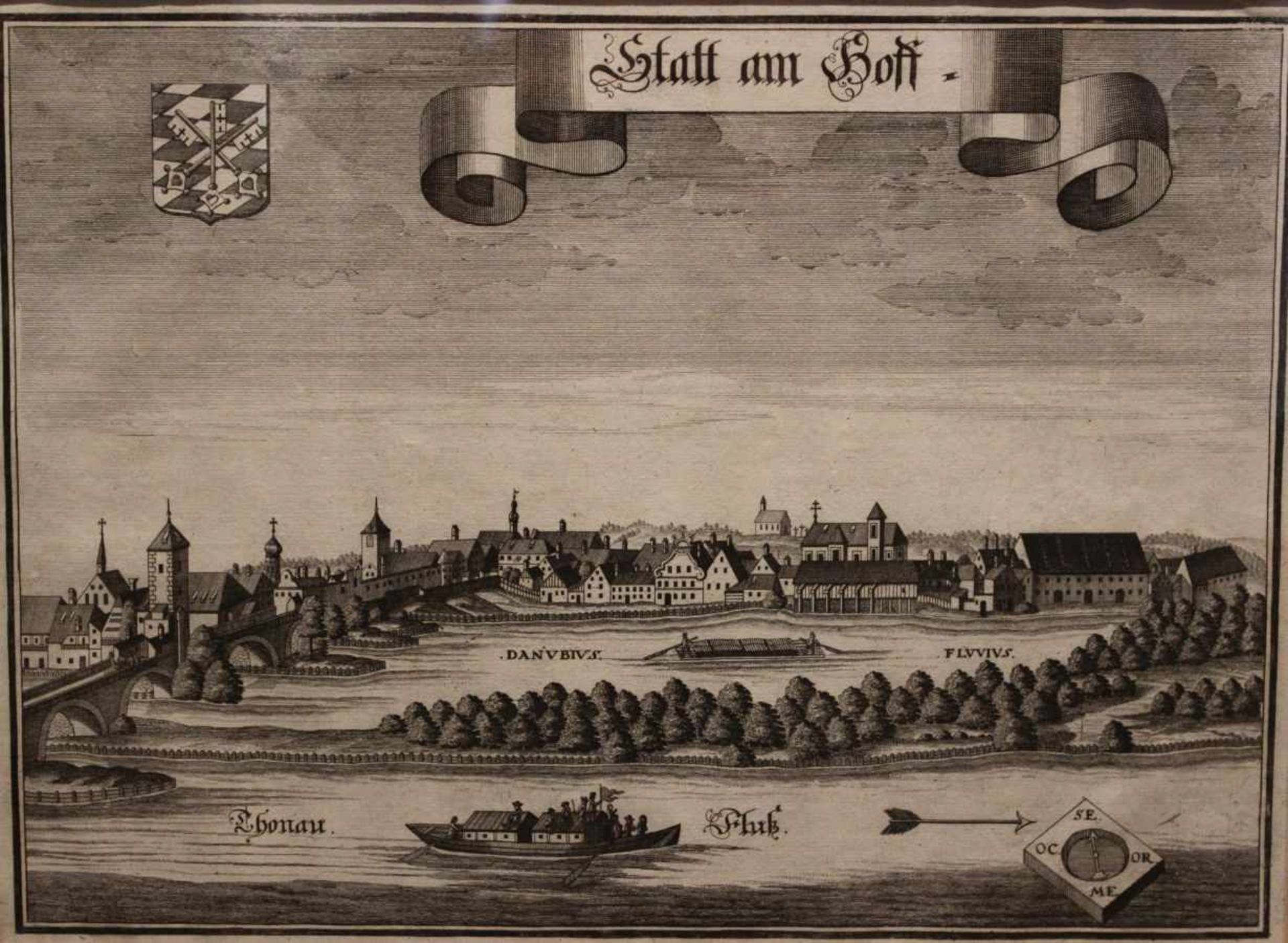 Kupferstich - Michael Wening (1645 Nürnberg - 1718 München) "Stadtamhof - Ansicht vom Süden mit