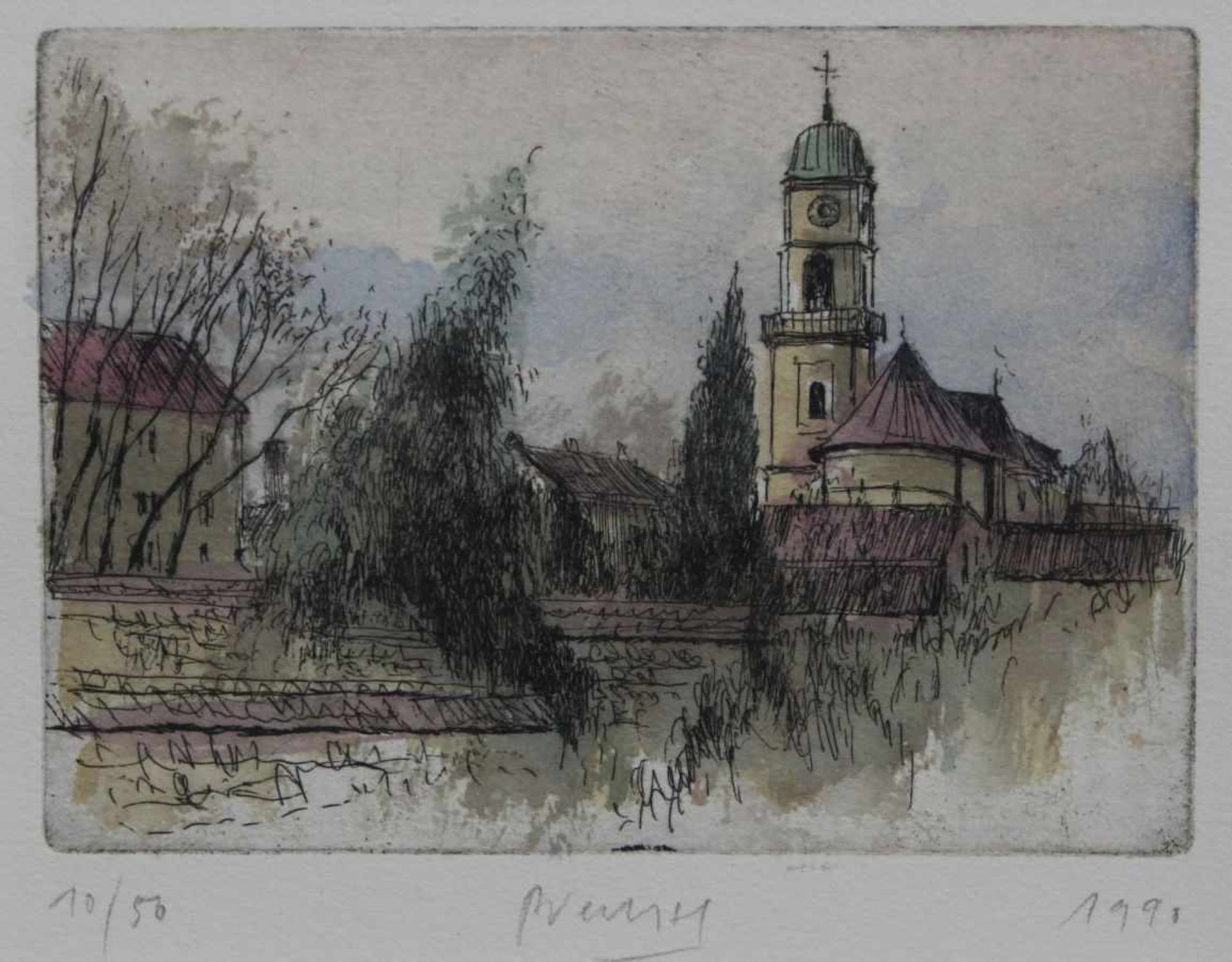 Radierung - Gerhard M. Prechtl (1951 Regensburg) "Stadtamhof mit St. Mang", u.M. signiert, datiert