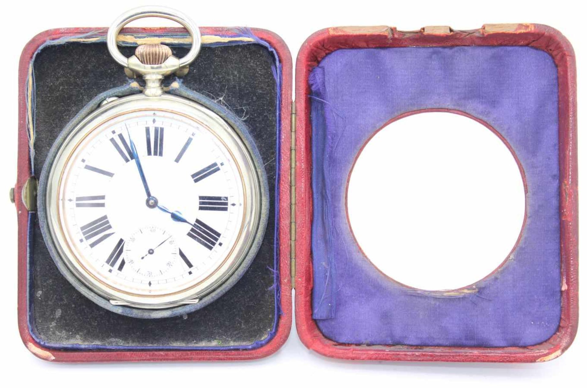 Schwere offene Herrentaschenuhr, sogenannte Kutscheruhr, Emaillzifferblatt mit römischen Zahlen,