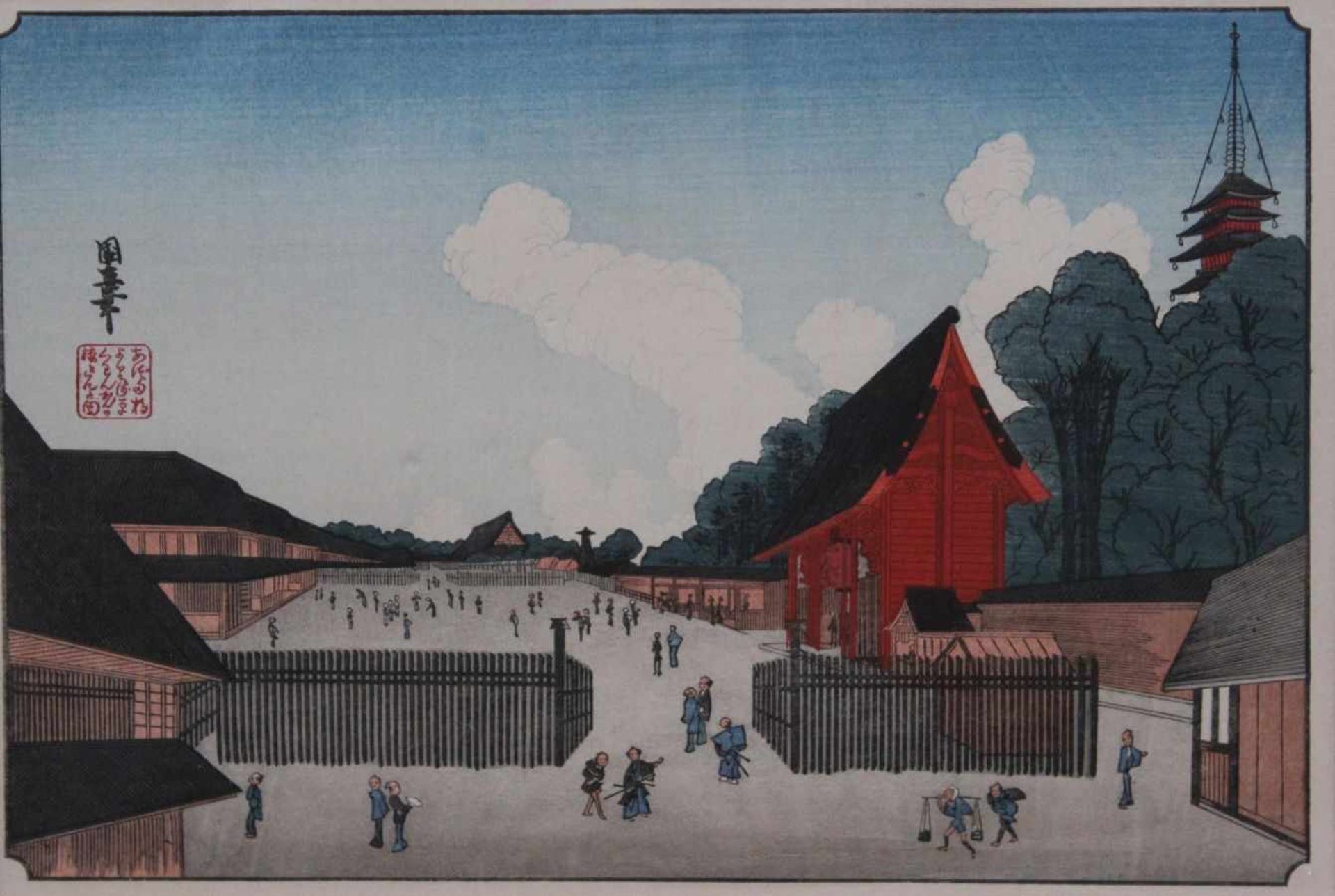 Japanischer Holzschnitt - bez. Utagawa Kuniao (1772-1834) "Ansicht Tempel Asakusa", Maße 27x18cm,