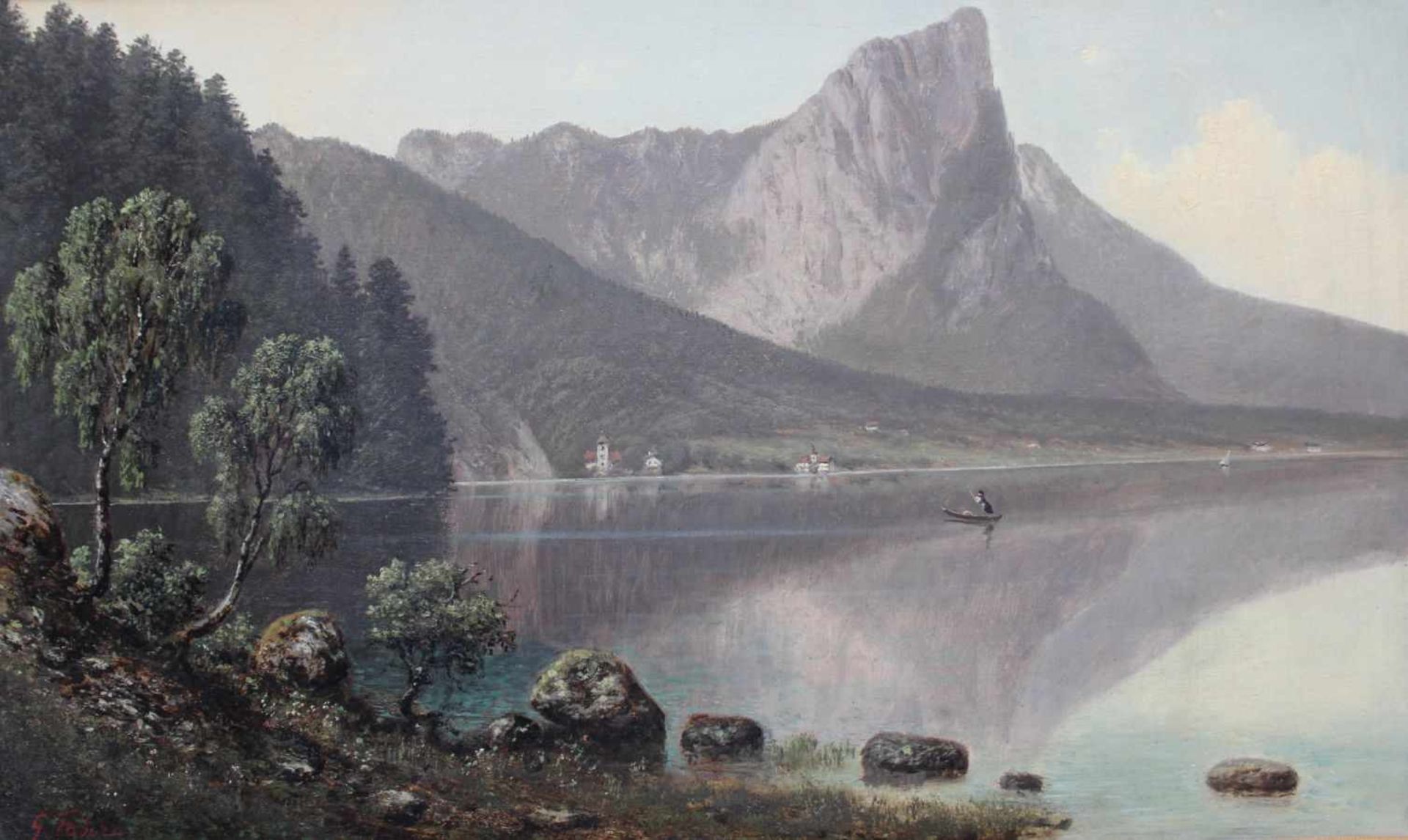 Gemälde - G. Faber (19.Jahrhundert) "Alpenländische Landschaft mit Seeidylle", l.u. signiert, Öl auf