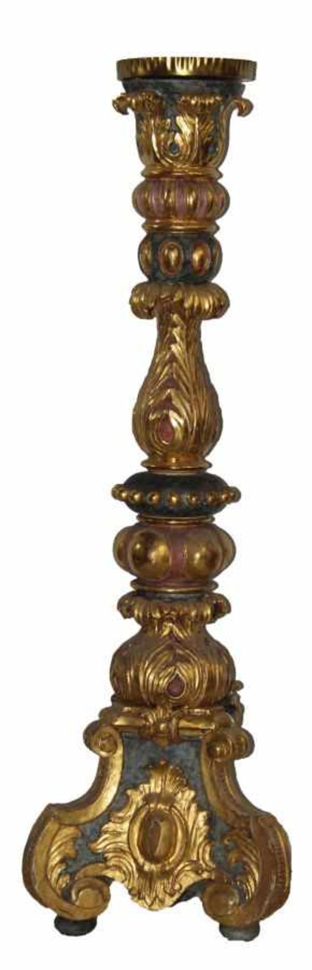 Großer Kerzenleuchter im Barockstil Holz geschnitzt, gefaßt und vergoldet, 1-flammig, verziert mit