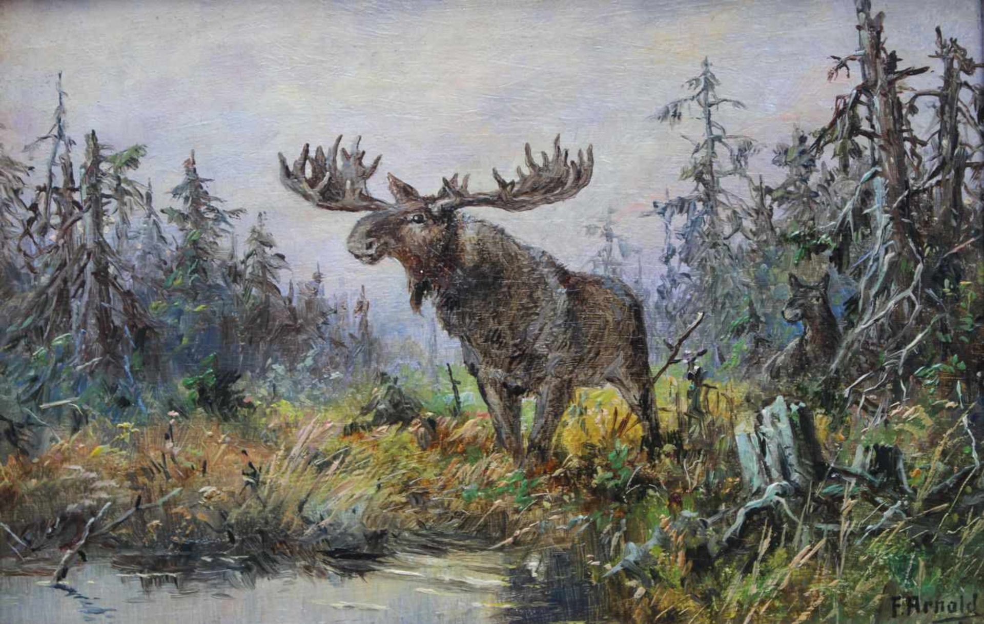Jagdgemälde - wohl deutsch nach 1900 "Landschaft mit Elch", r.u. signiert F. Arnold, Öl auf Holz,