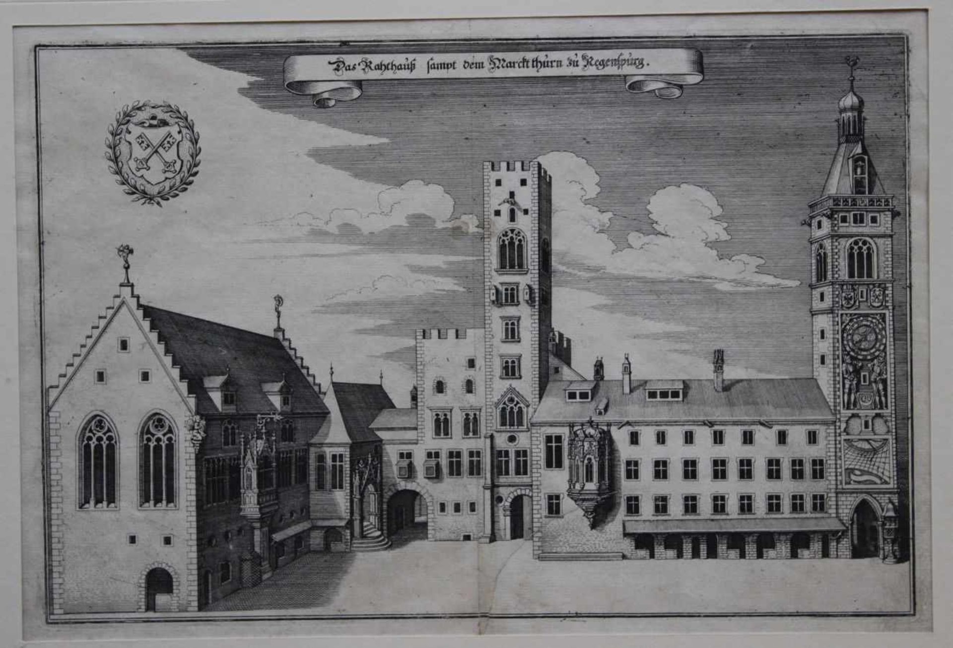 Kupferstich - Matthäus Merian (1593 Basel - 1650 Langenschwalbach) "Das Rathaus mit Marktturm zu