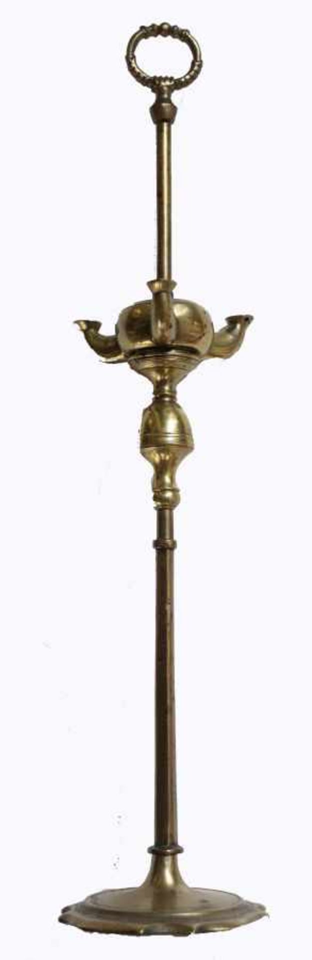 Öllampe - 19.Jahrhundert Messing, unterteilter Mittelsteg mit drei Lichtstellen, geschweifte