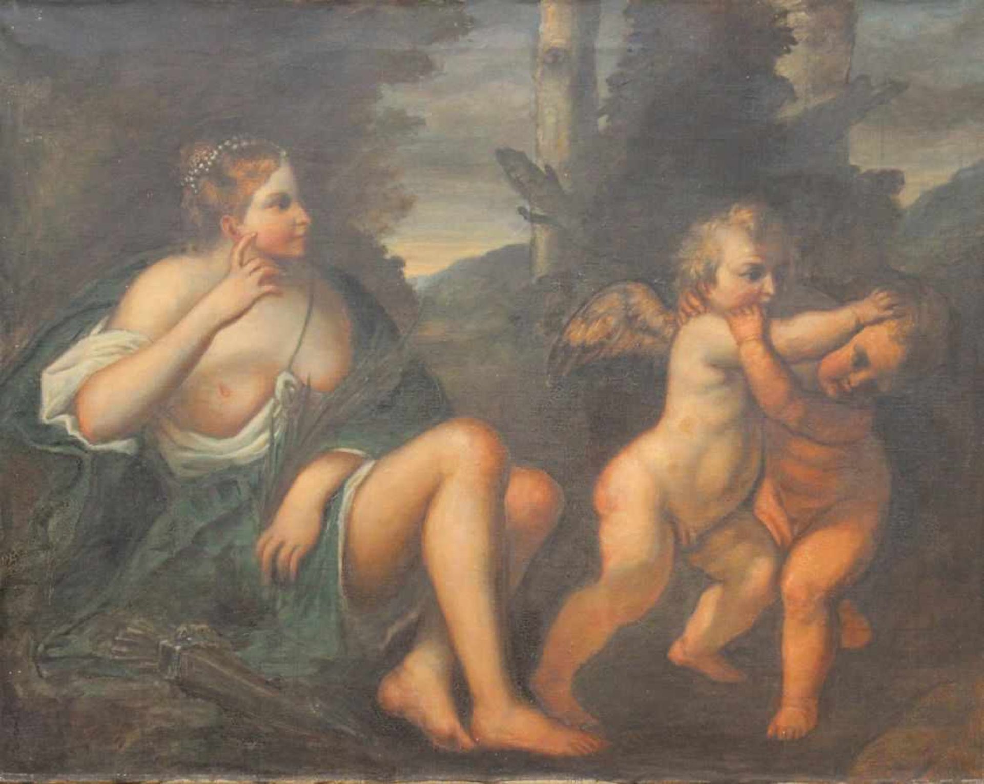 Gemälde nach Altmeister "Venus und Cupido", 20.Jahrhundert, Öl auf Leinwand, Maße ca. 72x91 cm