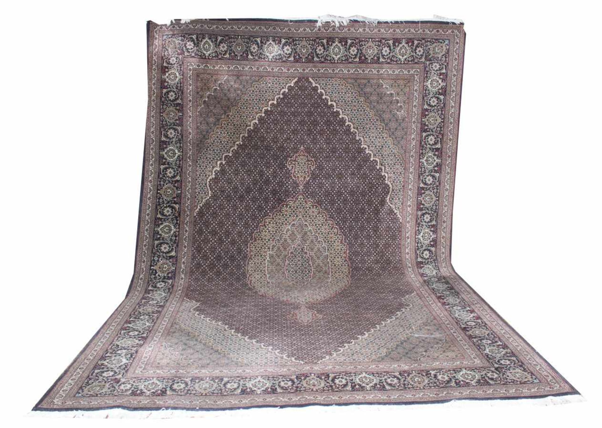 Orientteppich - Täbriz Persien Korkwolle mit Seide, braunes Muster auf beigem Grund,
