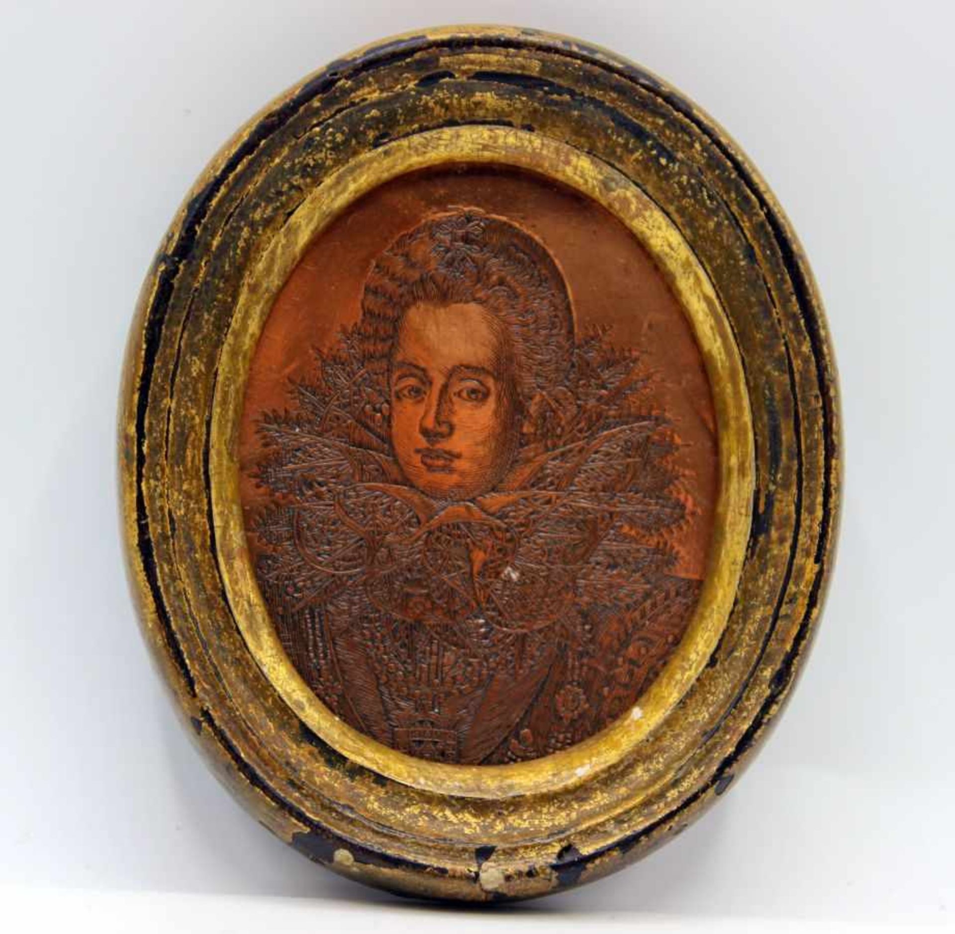 Miniatur - wohl Kupferstichplatte aus dem 17.Jahrhundert "Damenbildnis mit hohem Stehkragen",
