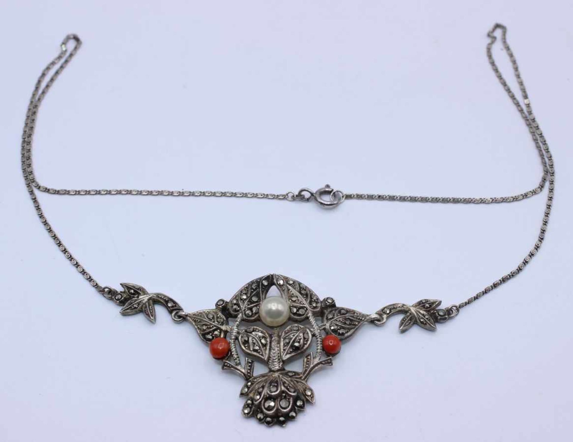 Jugendstilcollier Sterling Silber gest. 925, florales Dekor mit Markasiten ausgefasst, 2