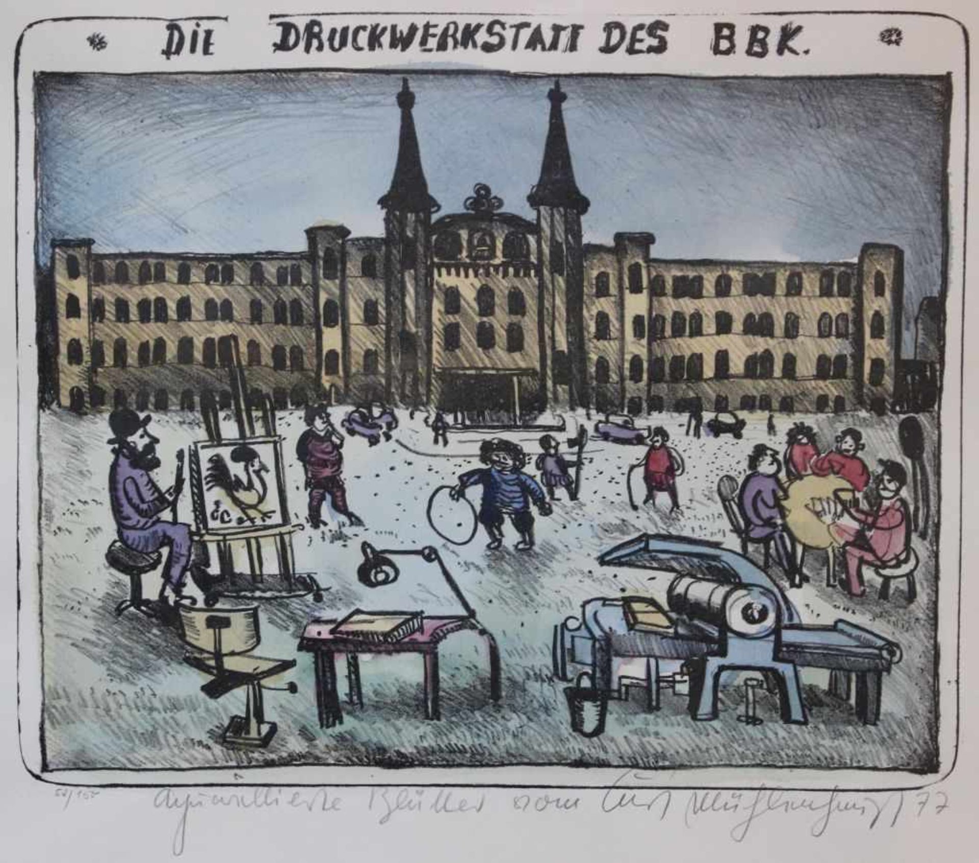 Lithographie - Kurt Mühlenhaupt (1921 Klein Ziescht - 2001 Bergsdorf) "Die Druckwerkstatt des