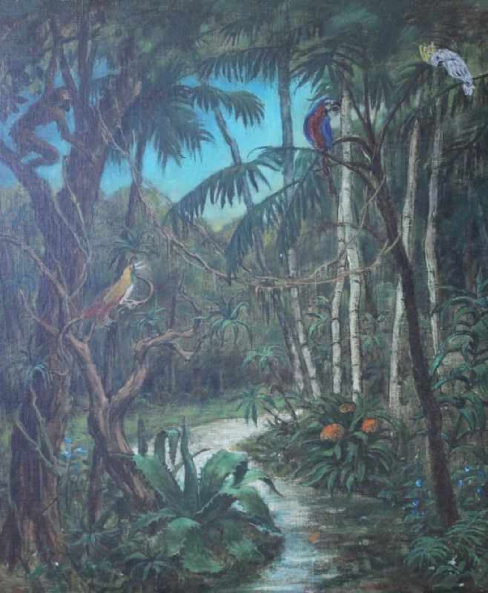 Gemälde - Melanie Gräfin Walderdorff " Landschaft mit Affe und Paradiesvögeln ", Öl auf Pappe,