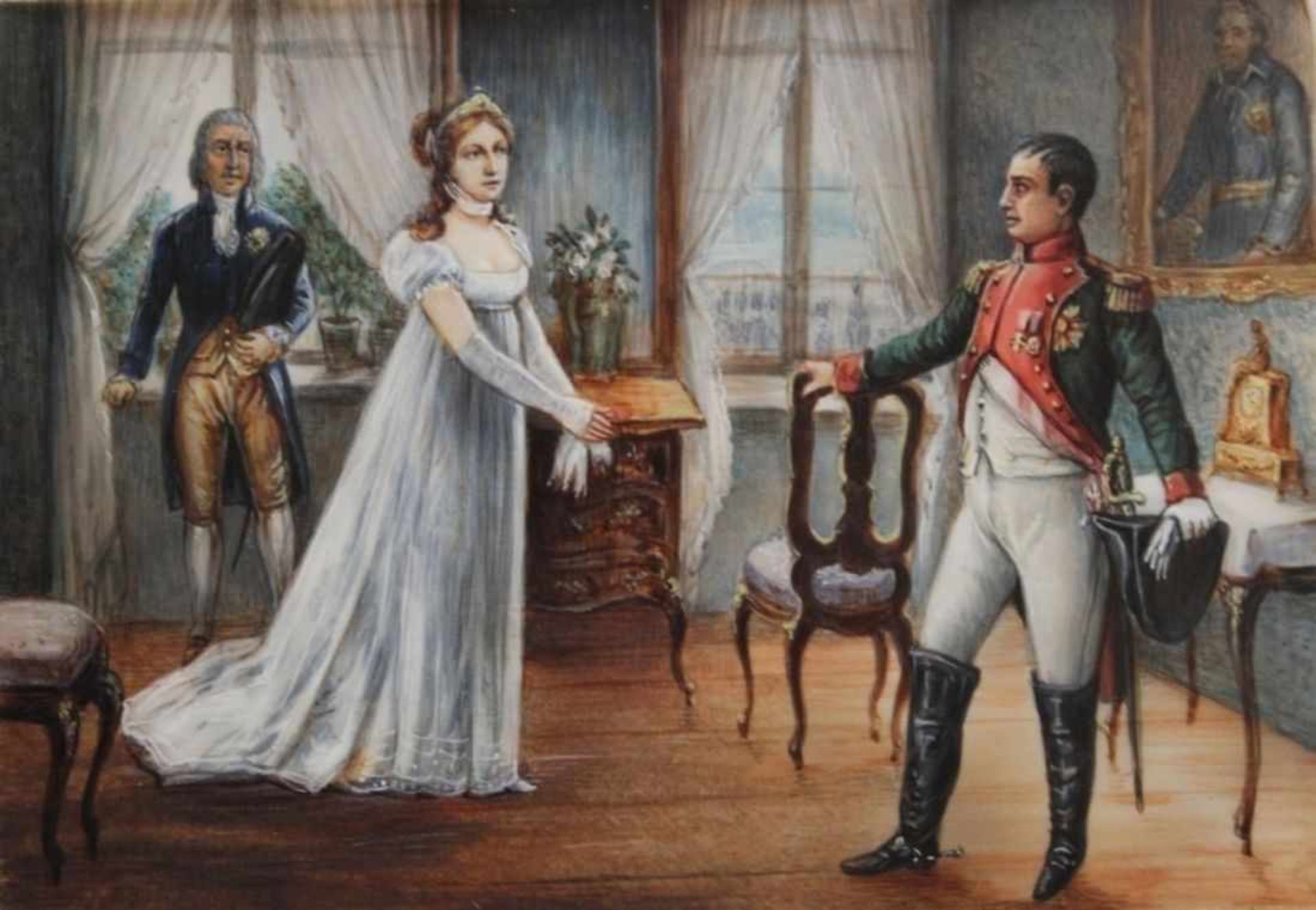 Miniatur - wohl Frankreich 19./20.Jahrhundert "Königin Luise und Napoleon in Tilsit", Bein bemalt,