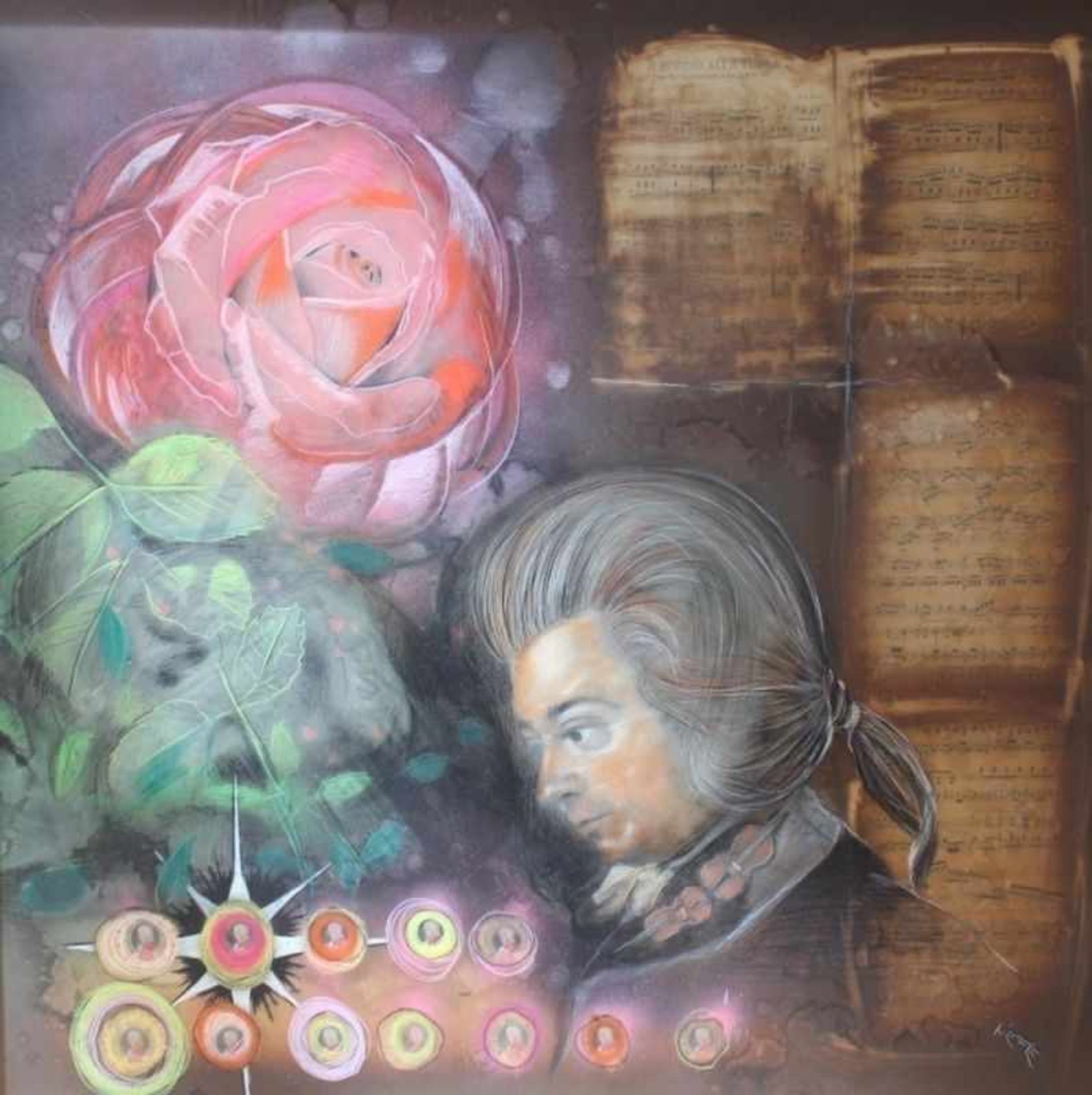 Gemälde / Collage - 20.Jahrhundert "Bildnis Mozart mit Klaviersonaten und Rose", r.u. signiert Nefe,