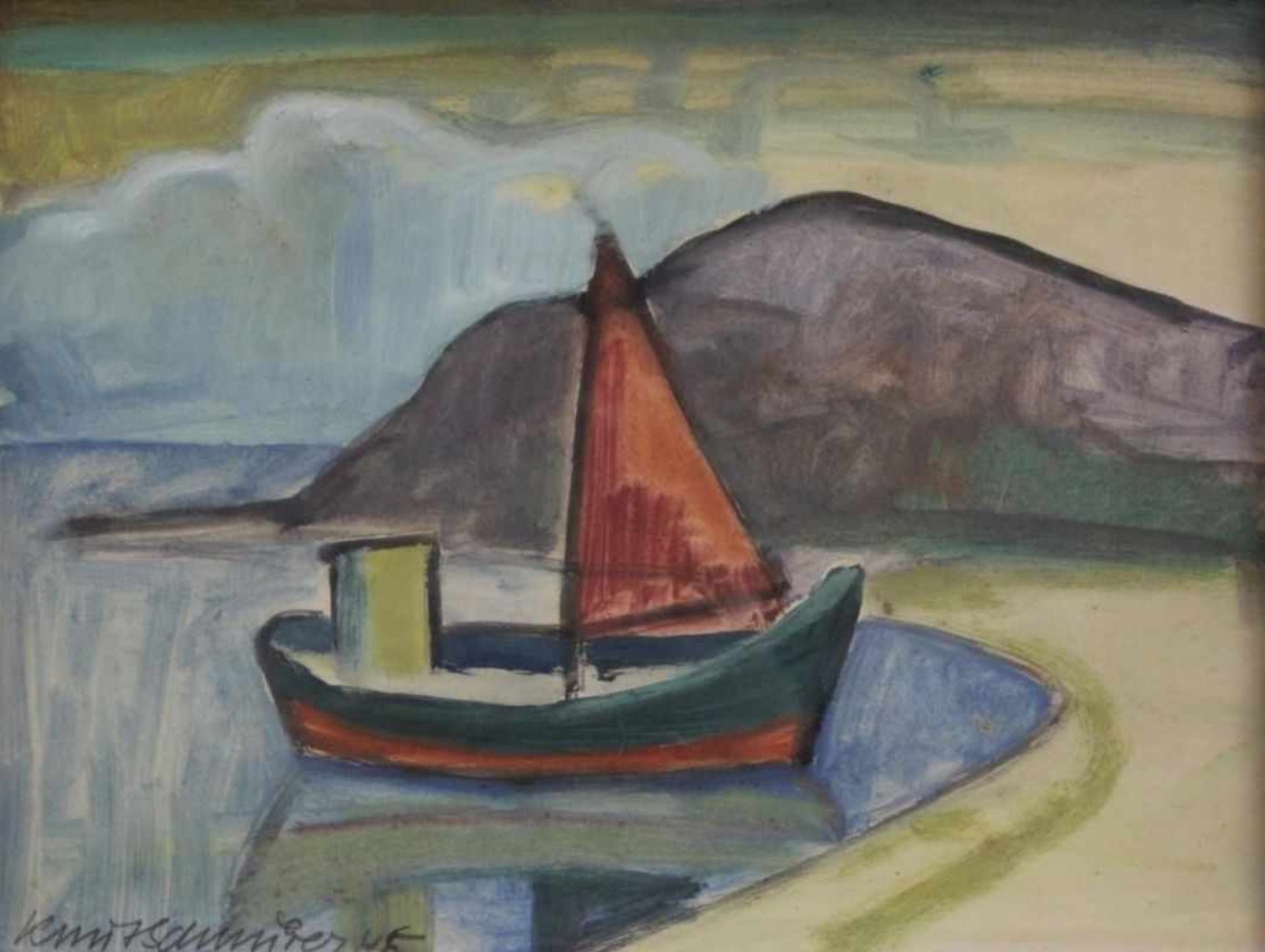 Aquarell - Knut Schnurer (Kösching 1920-2007 Ingolstadt) "Küstenlandschaft mit Segelboot", l.u.