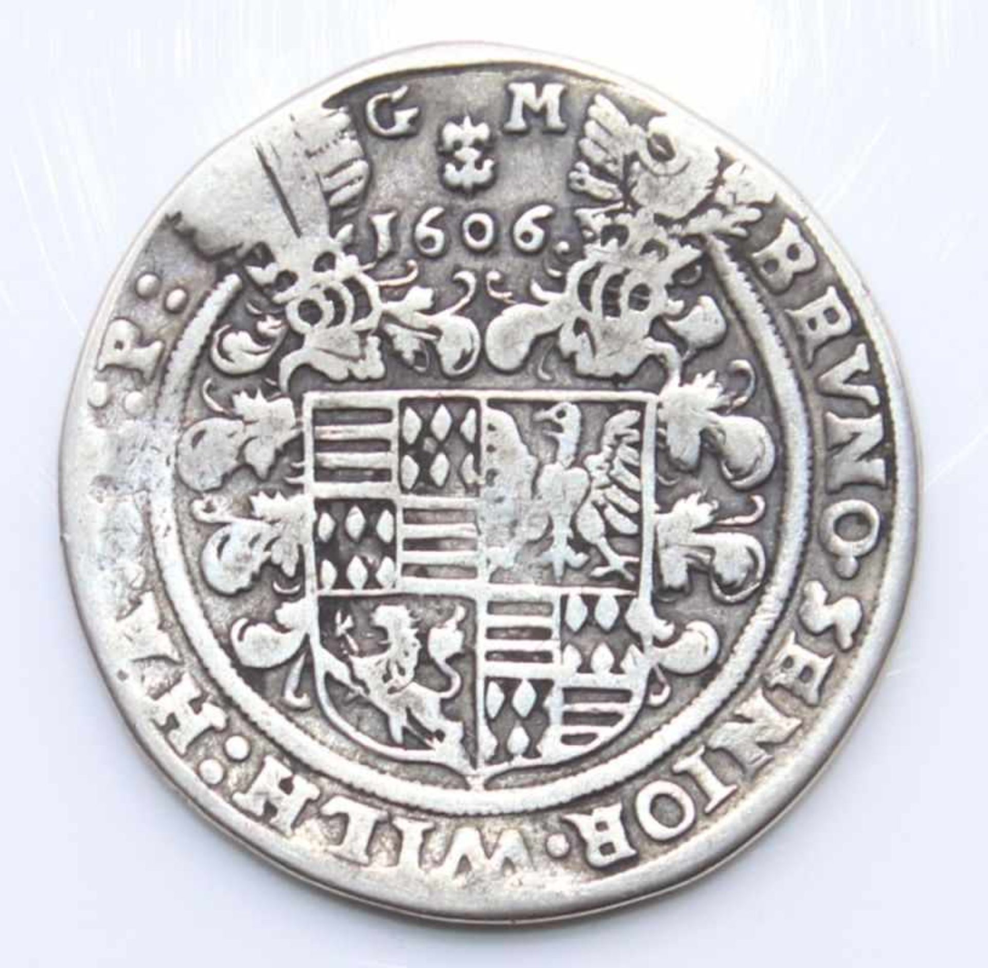 Silbermünze - 1 Thaler Deutsches Reich, wohl Braunschweig? 1606 GM, Wappenschild mit