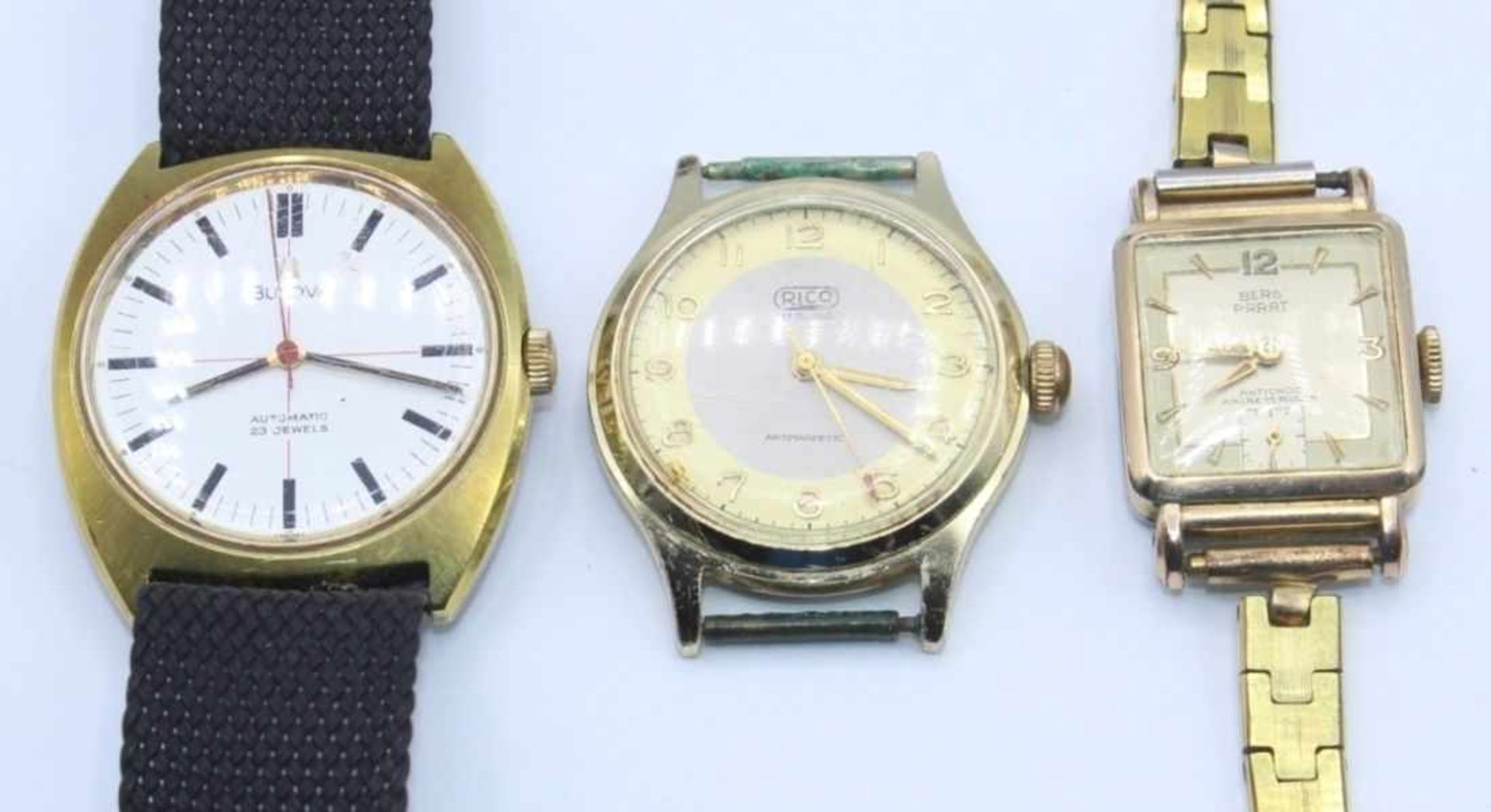 Lot von 3 Armbanduhren 1. HAU, Marke Rico, Handaufzug, 2. DAU, Marke Berg Parat, Handaufzug, Lunette