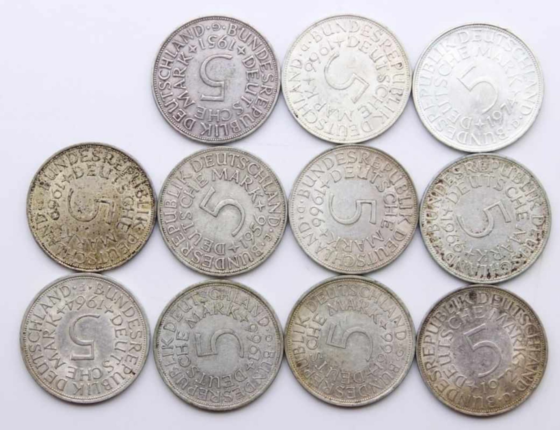 Lot von 11 Silbermünzen 5 Mark, BRD, 1951 A und 1956 D, 1964 F, 5x1966 D,F,G, 1969 J, 1972 D und