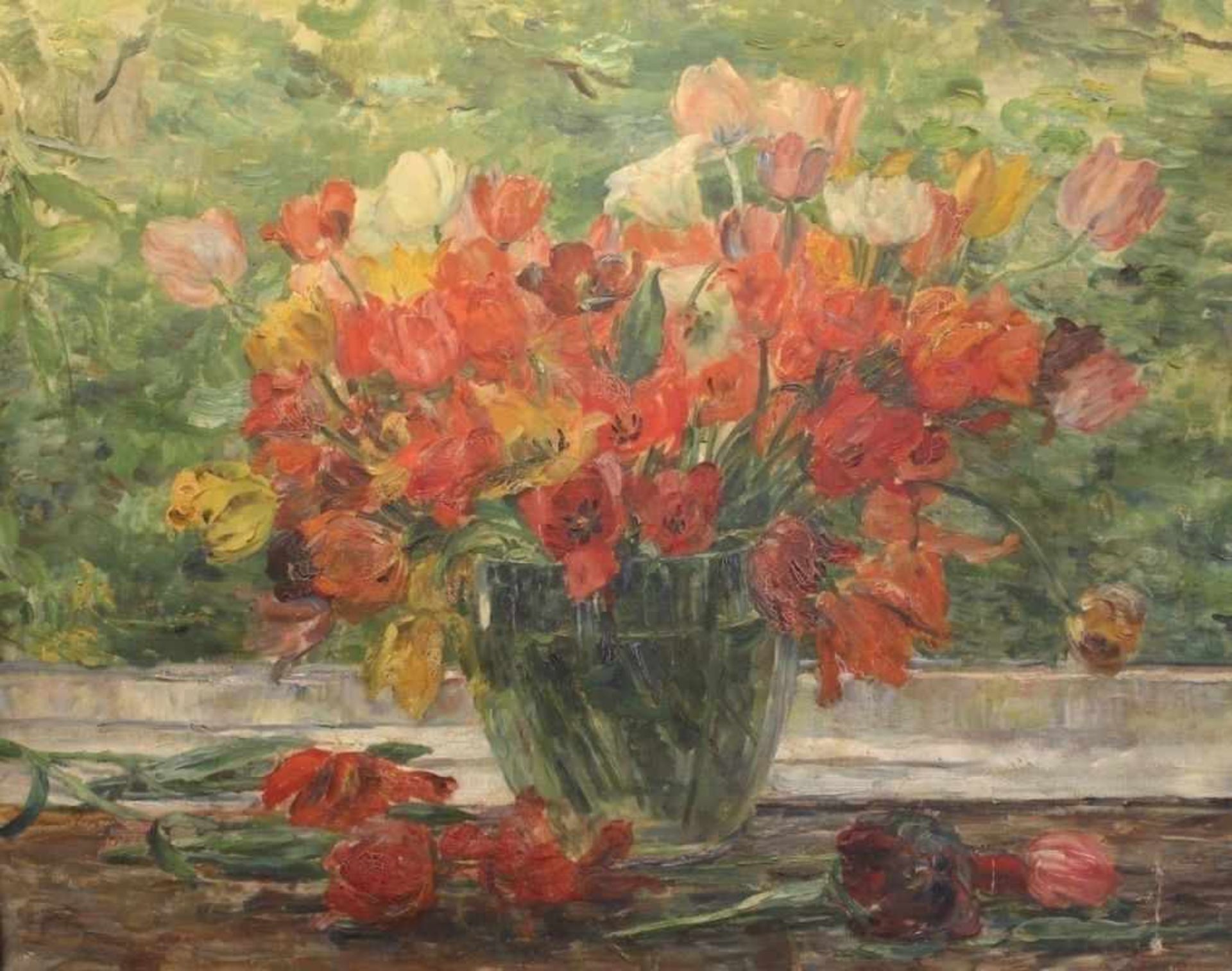 Gemälde - Lina Röhrer (Ingolstadt 1866 - 1920) "Blumenstillleben mit Tulpen", unsigniert, Öl auf