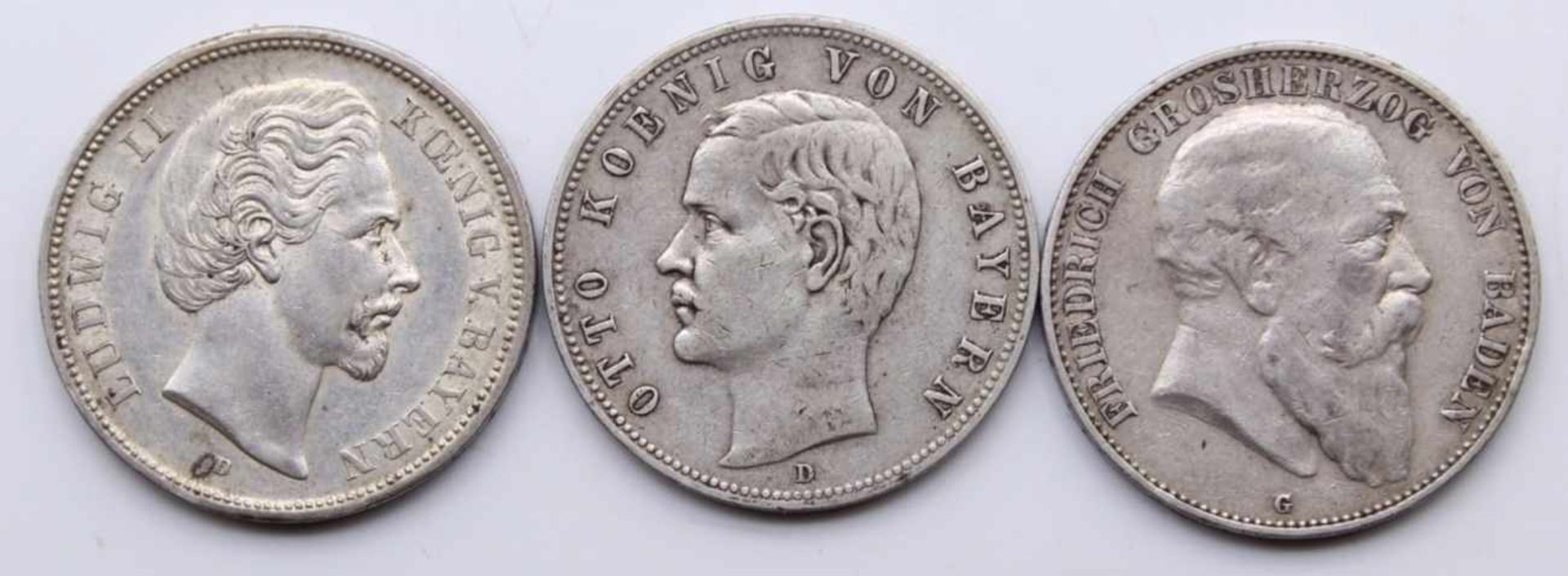 Lot von 3 Silbermünzen 1. 5 Mark, Deutsches Reich, 1974, Ludwig II, König von Bayern 2. 5 Mark,